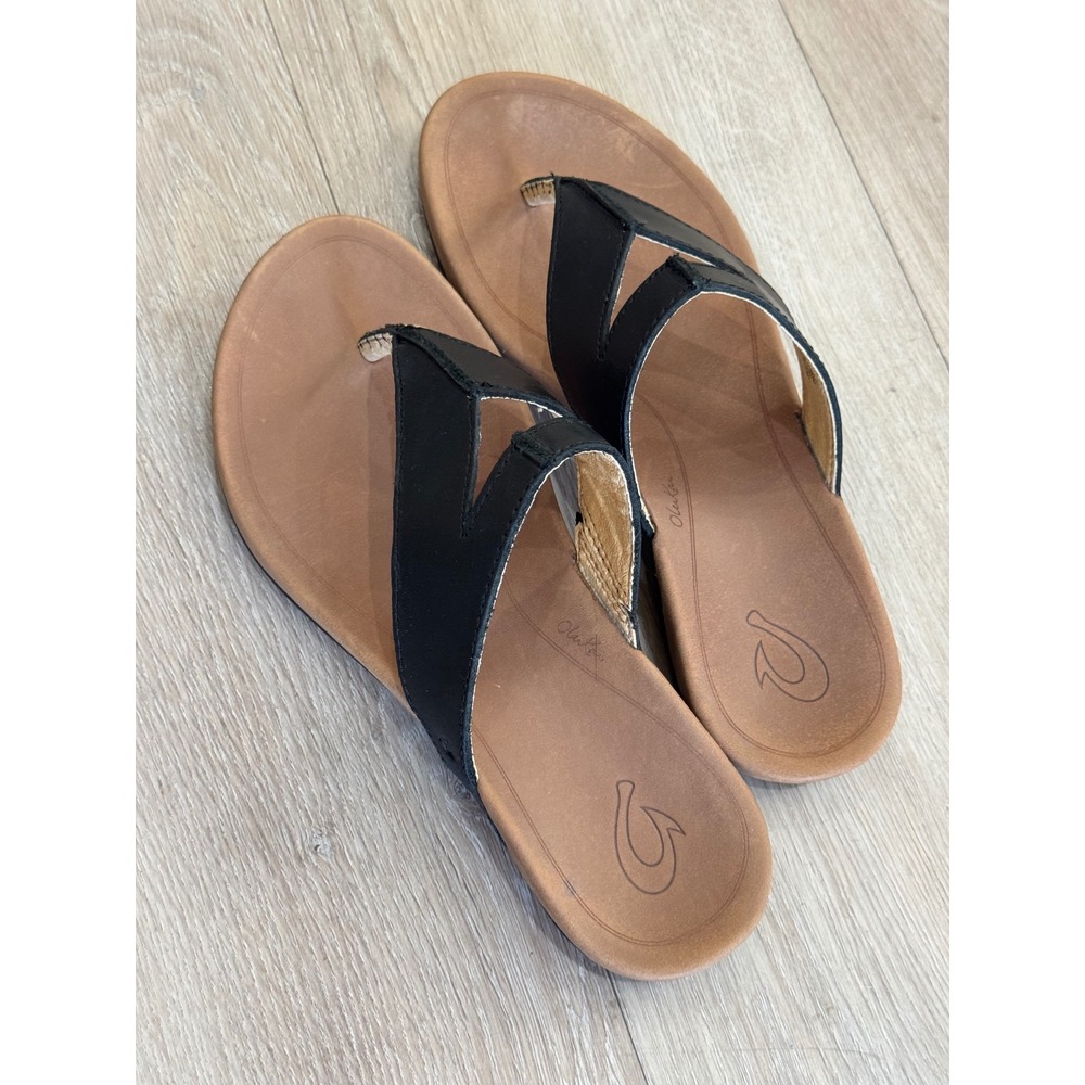 OluKai Lala Black Leather Thong Sandals Womens 8 Flip Flops 20321-4034 - Picture 7 of 7